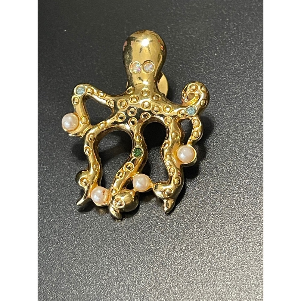 Avon Vintage Gold Tone Octopus Pin Faux Pearl Rhinestone Nautical Brooch